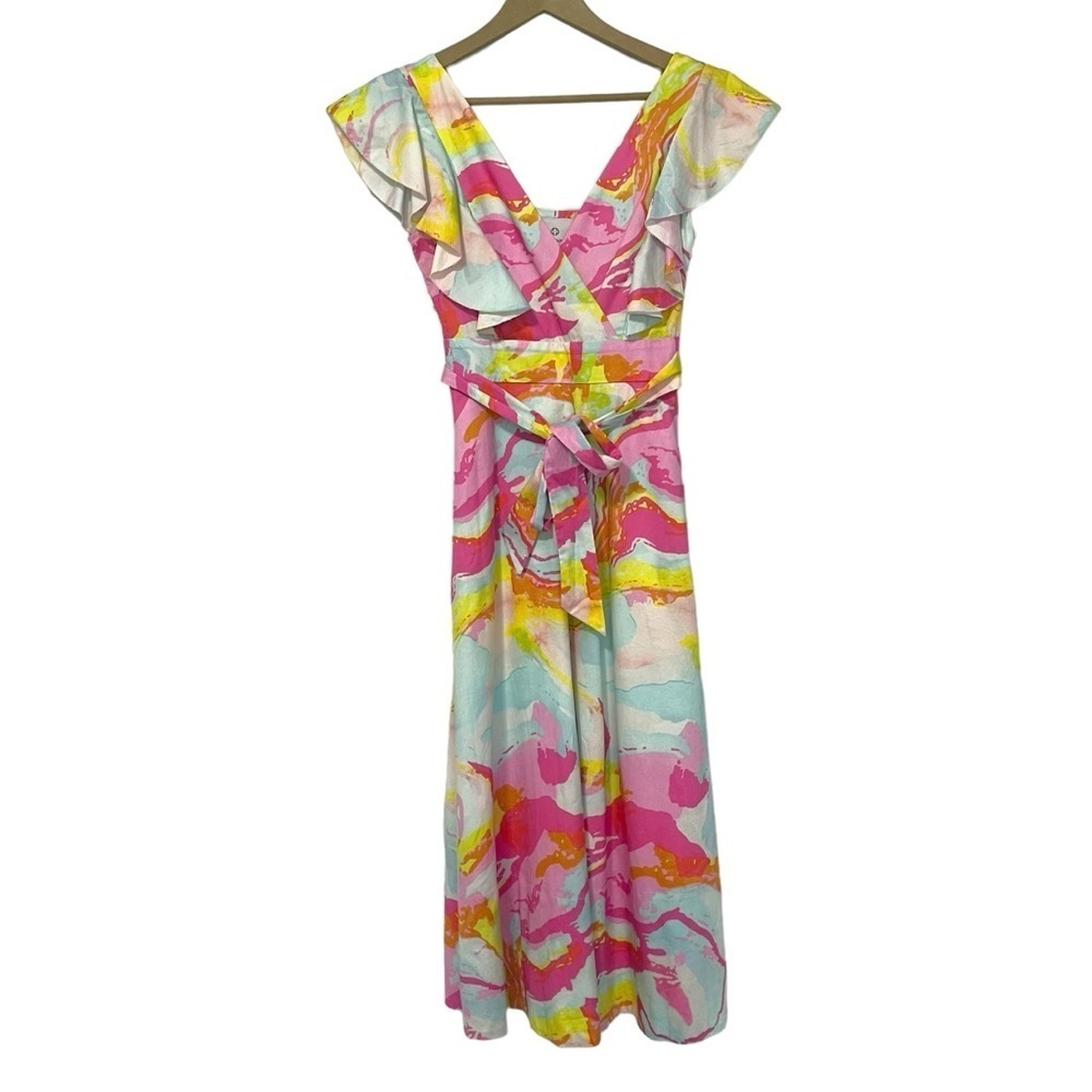 LaRoque Multicolor Watercolor Flutter Sleeves Midi Dress Size XS Lover Swiftie